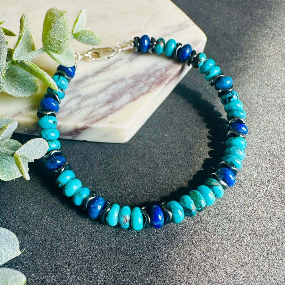 Custom order Turquoise and Lapis Lazuli two Bracelets Sterling Silver - Picture 4 of 6